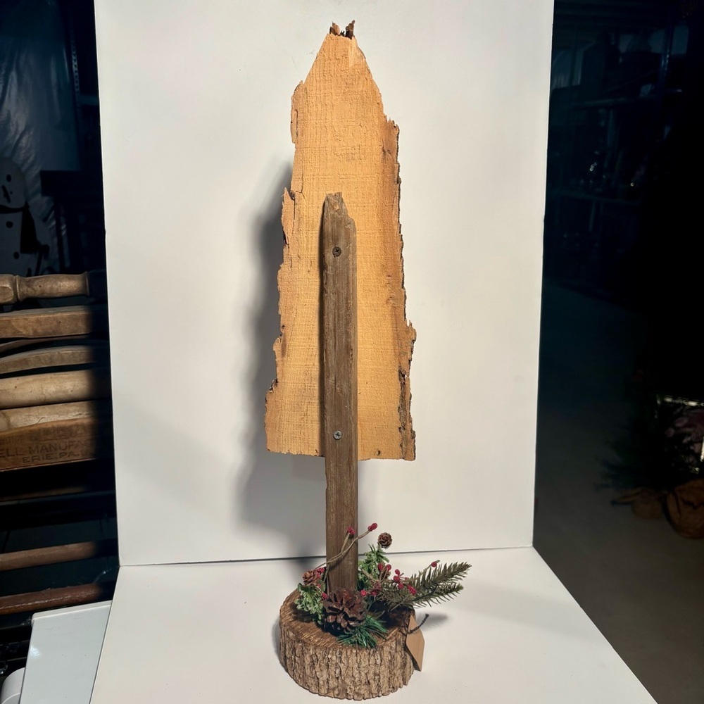 Hand Crafted Rustic Bark Tree Decor with Festive Greenery 23 inches - Picture 2 of 4
